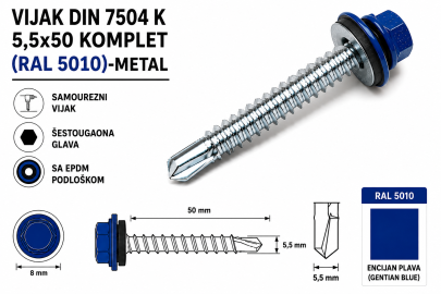 VIJAK DIN 7504 K 5,5x50 KOMPLET (RAL 5010)-METAL